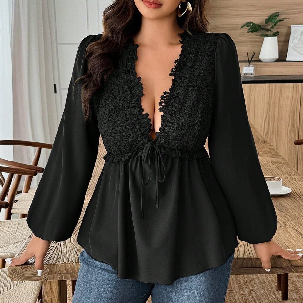 Black Casual Women's Lace Patchwork Twist Front Elegant Long Sleeve Blouse
